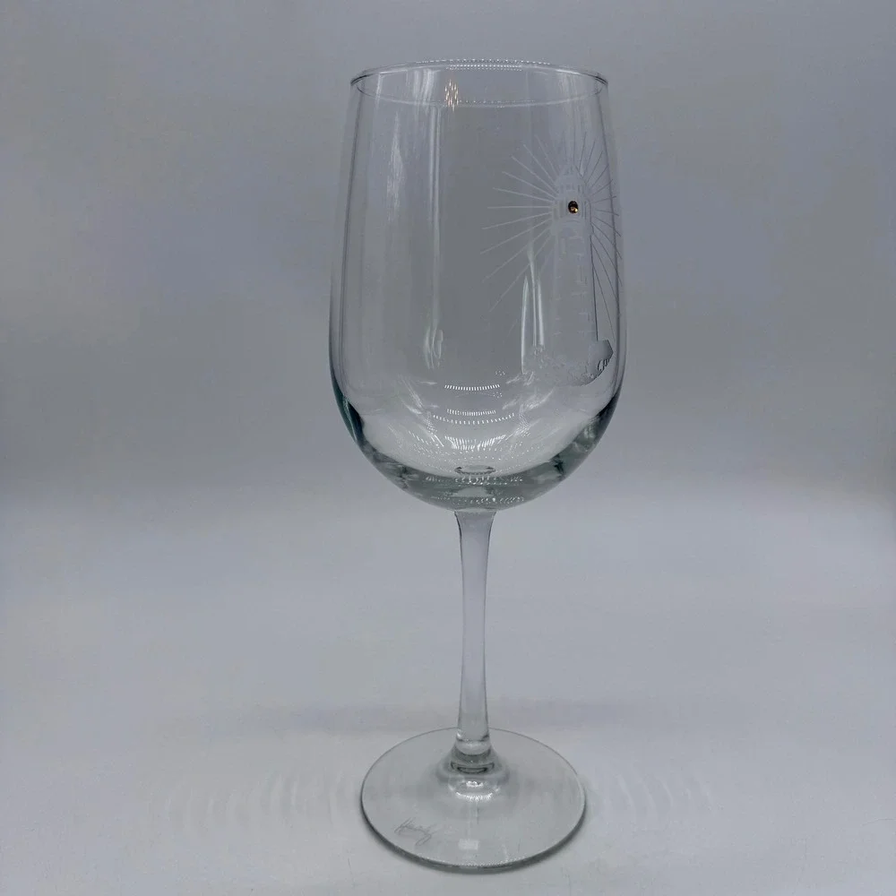 Etched Lighthouse Wine Glass with Rhinestone‎ Detail Coastal Nautical Stemware
